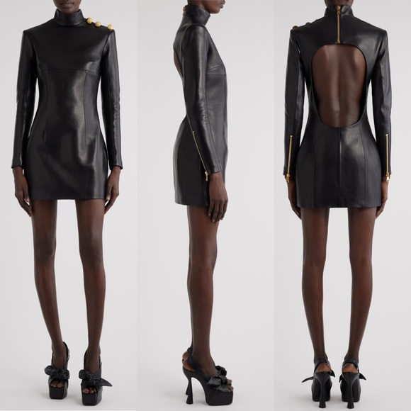 Balmain Cutout Long Sleeve Lambskin Leather Minidress with Gold Snail Buttons - Picture 1 of 16